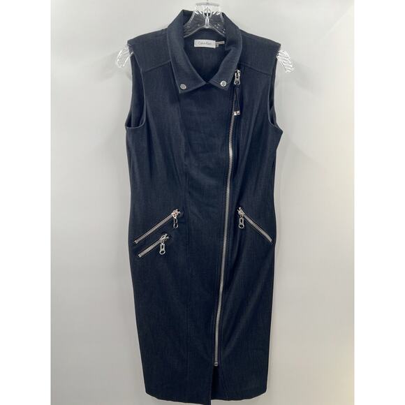 Calvin Klein Dresses & Skirts - Calvin Klein Women’s Sleeveless Zipper Front Moto Dress Dark Blue Denim Size 8